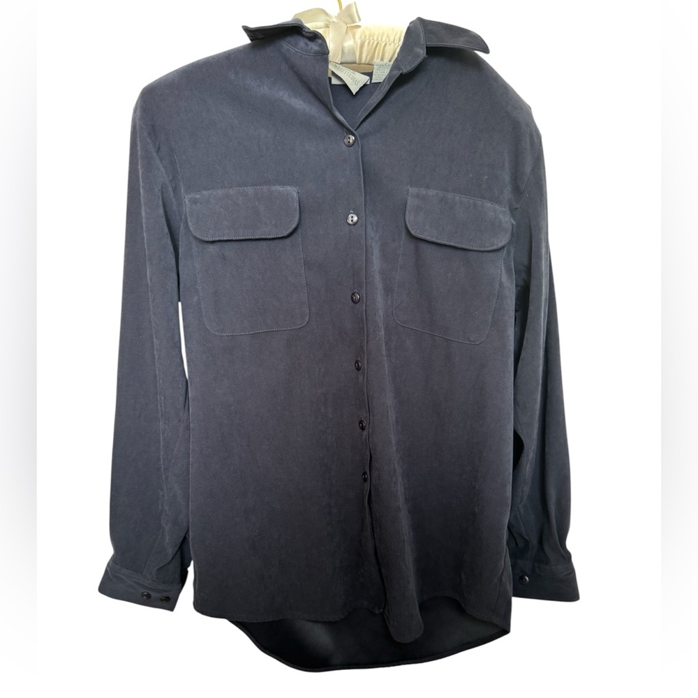 LT by Liz Thomas Vintage Shoulder Pad Button-Up Shirt Blouse Navy Blue Suede 80s